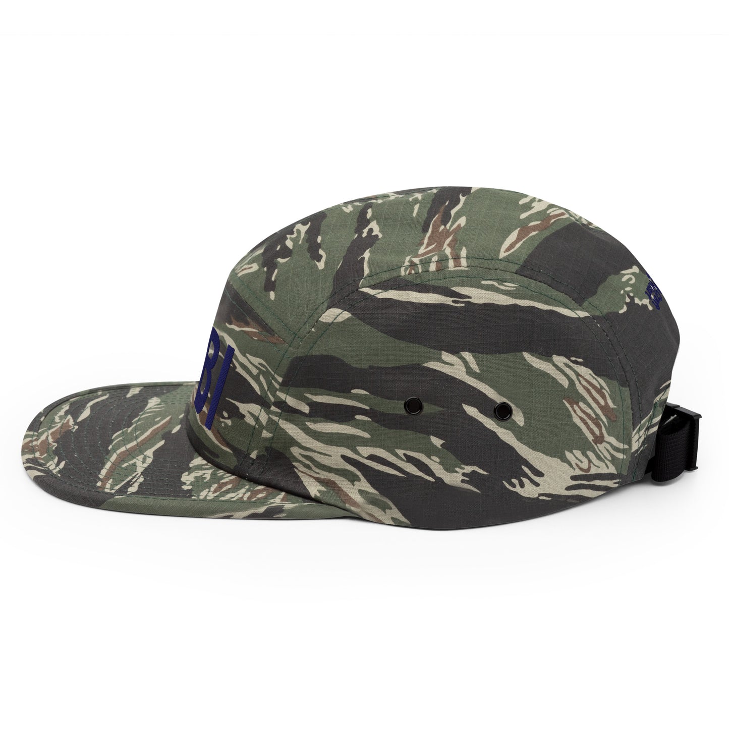 Green tiger camo five-panel cap by Fashion Beyond Identity (FBI) featuring a streetwear style and urban design.
