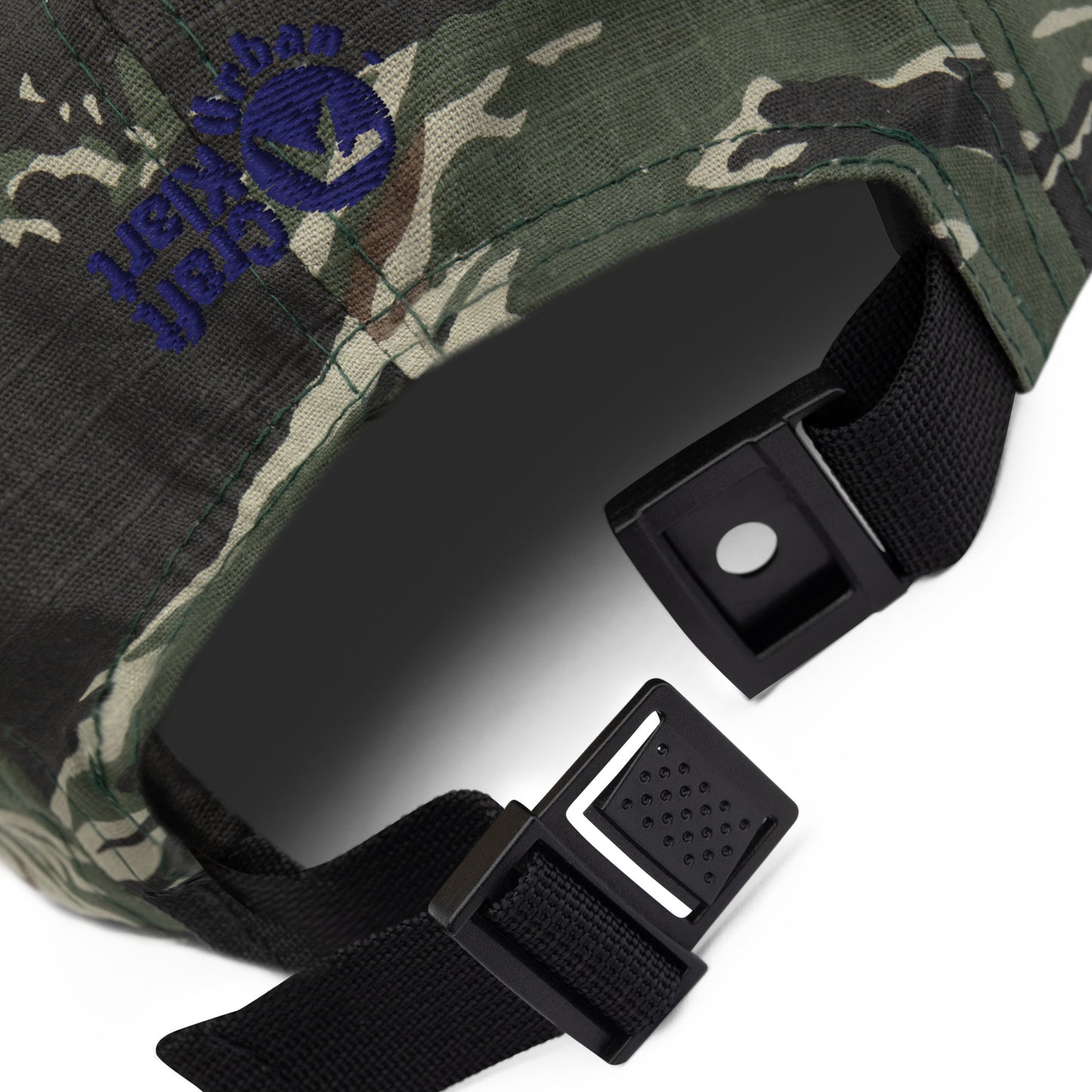 Green camouflage five panel cap by Fashion Beyond Identity (FBI) featuring a stylish streetwear design and adjustable strap.