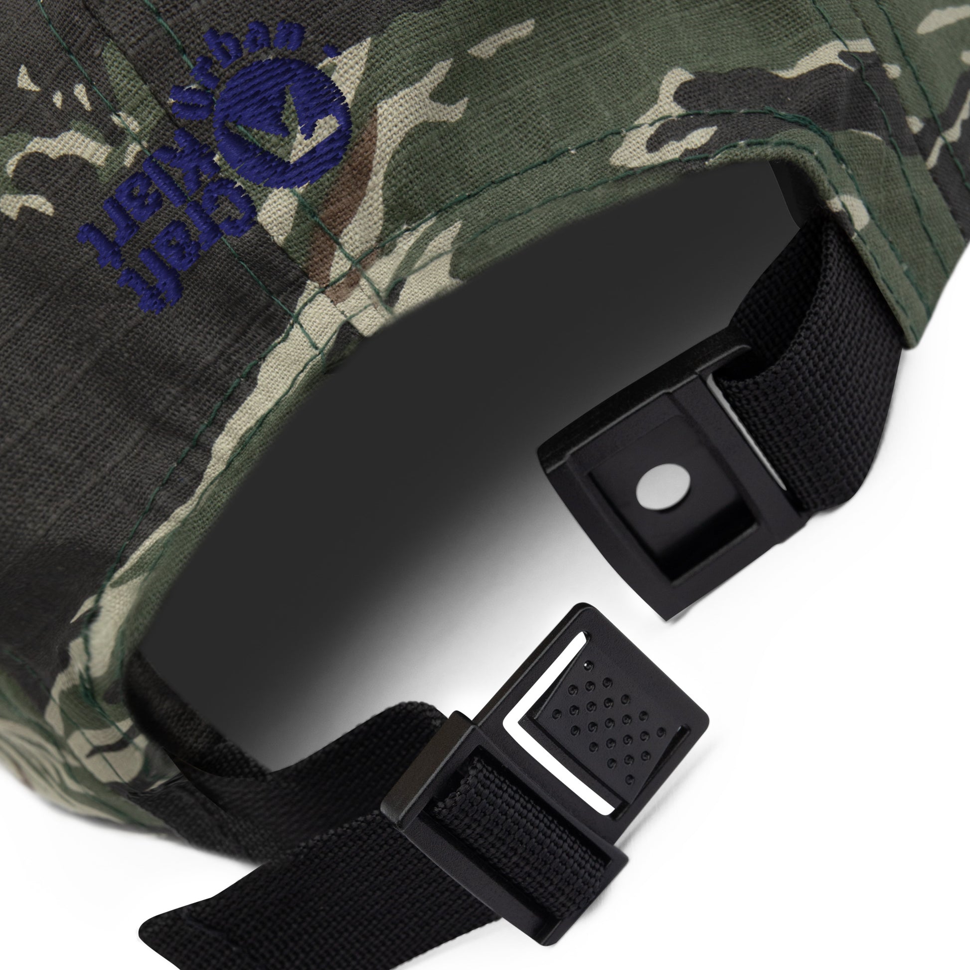 Green camouflage five panel cap by Fashion Beyond Identity (FBI) featuring a stylish streetwear design and adjustable strap.
