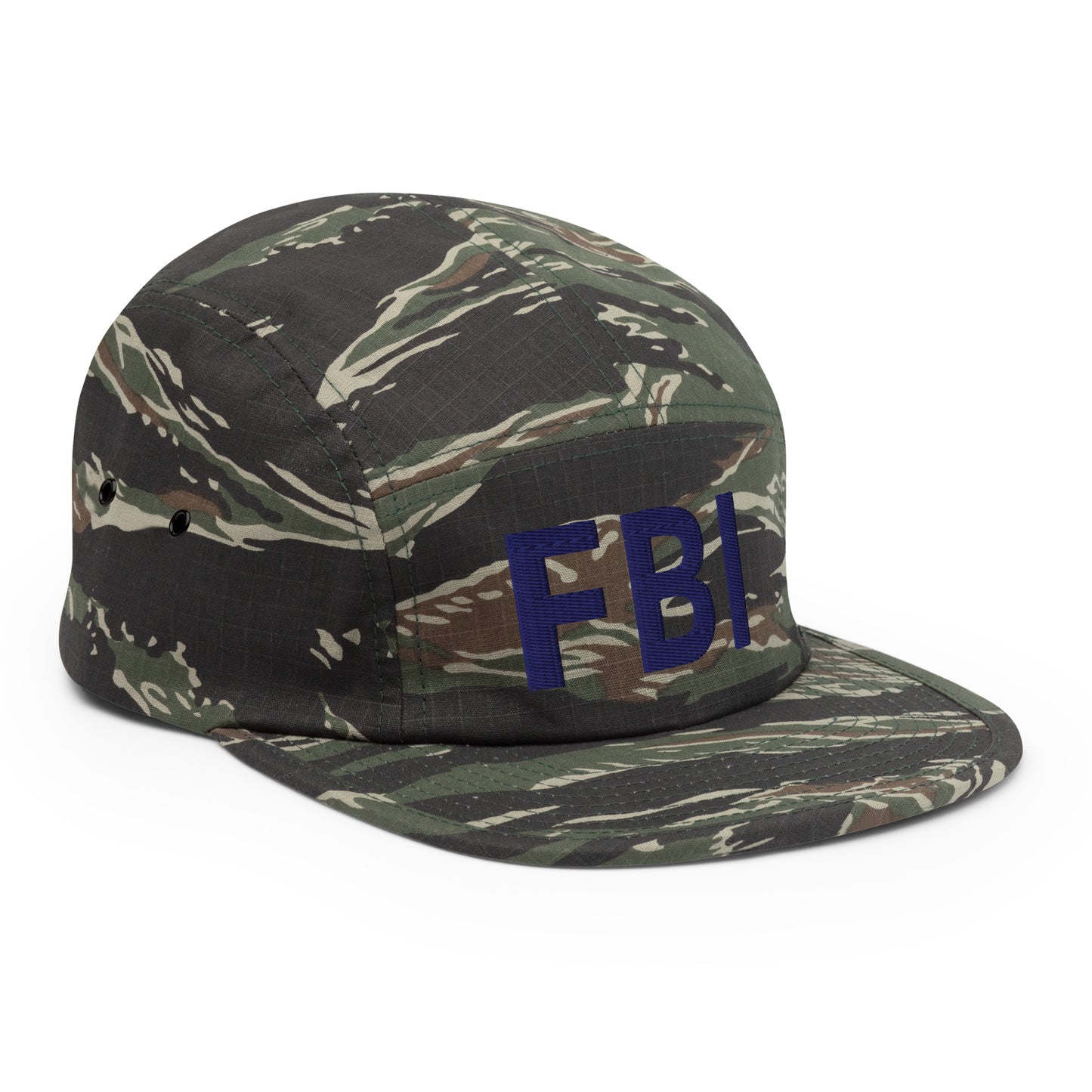 Green tiger camo five-panel cap by Fashion Beyond Identity (FBI), urban streetwear style, with right-front view.