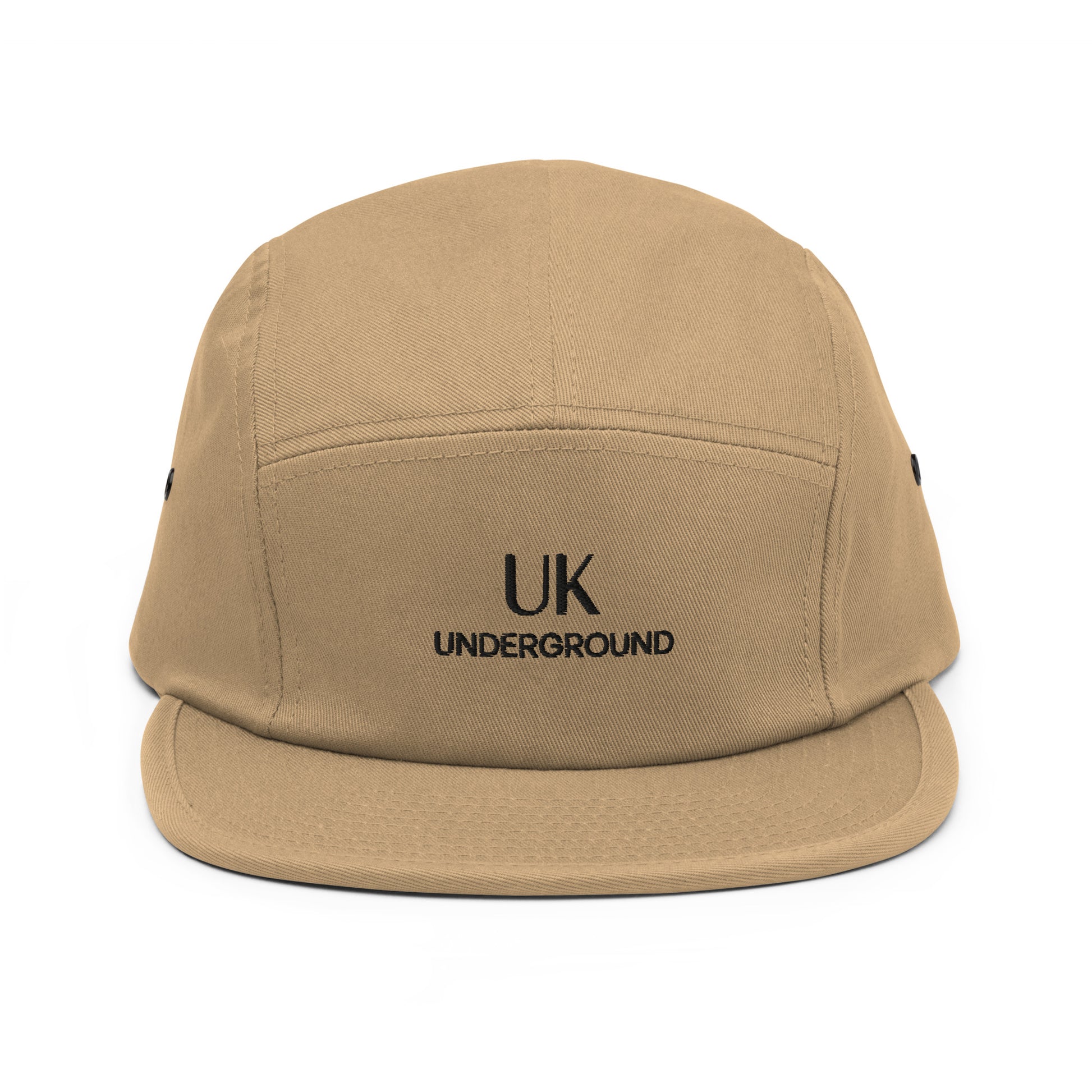 Khaki UK Underground five-panel cap by Urban Fashion & Streetwear, front view showing adjustable strap and logo details.