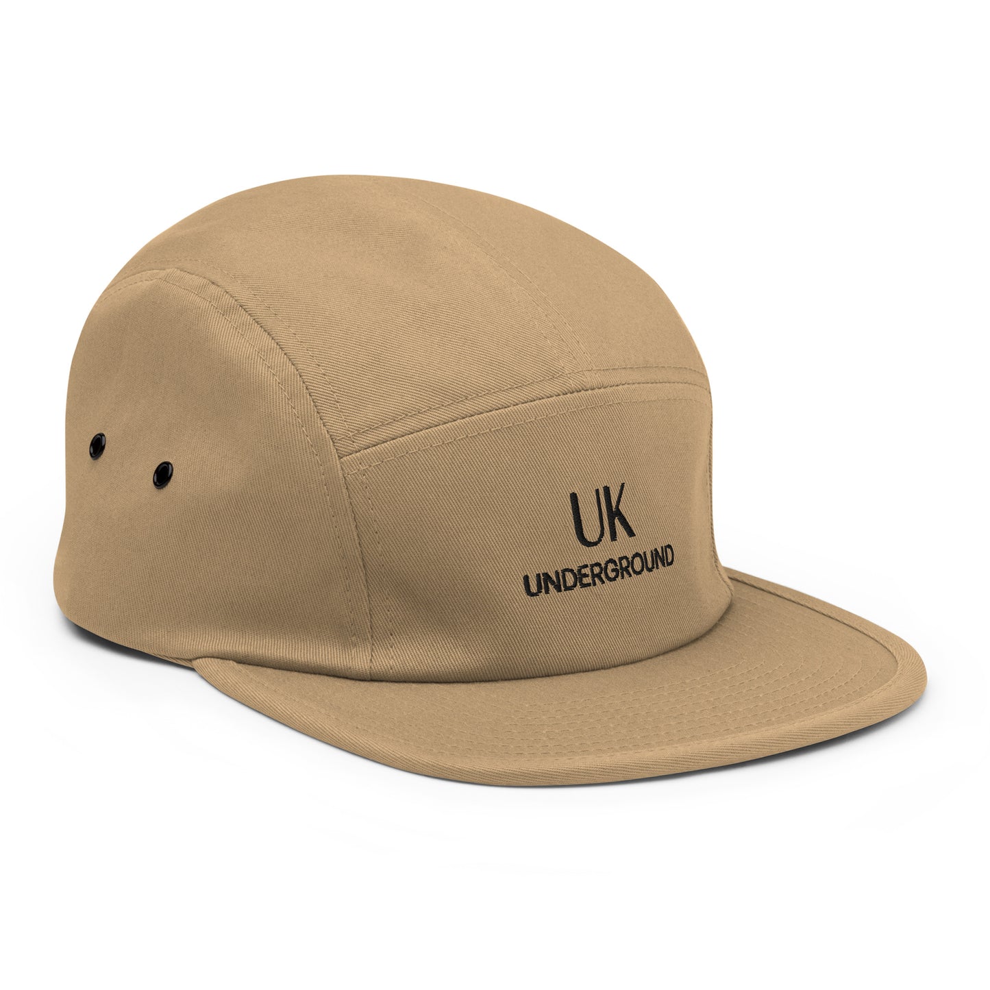 Khaki UK Underground Five Panel Cap by Urban Fashion & Streetwear, showing the right front view with adjustable strap
