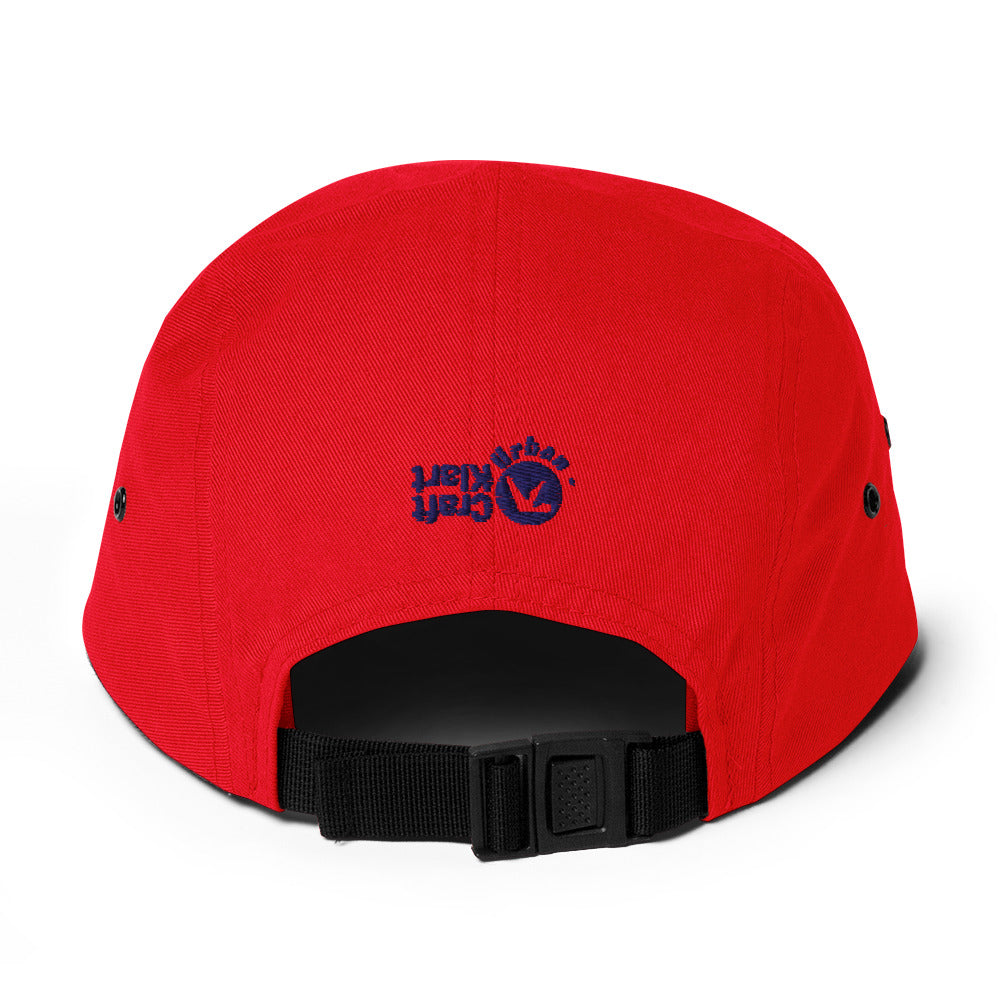 Red five-panel cap from Fashion Beyond Identity (FBI), featuring a stylish streetwear design with a flat brim and adjustable back strap.