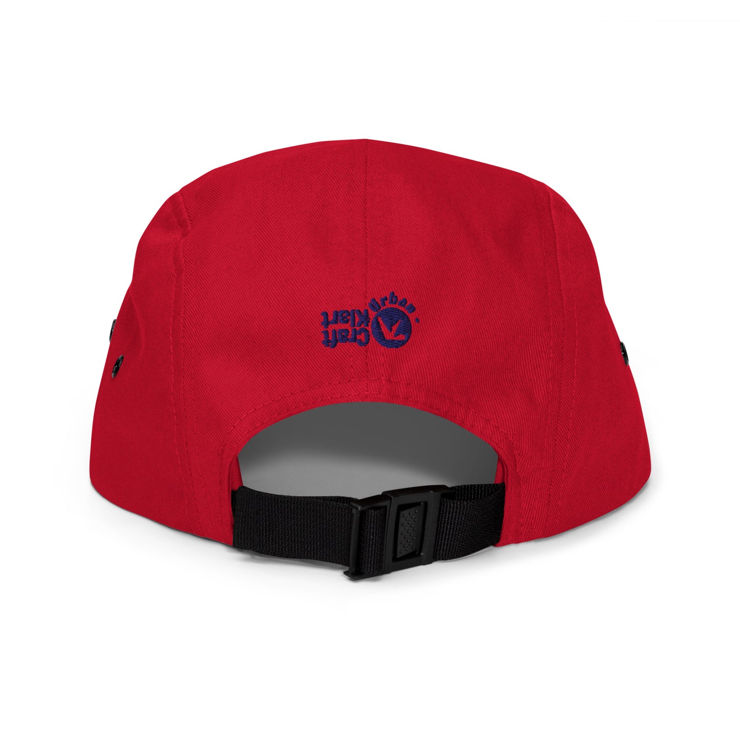 Red Urban Fashion & Streetwear five-panel cap with adjustable back strap and bold design, perfect for streetwear style.