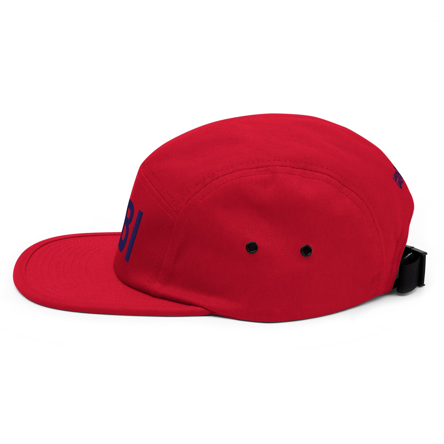 Red Fashion Beyond Identity FBI five-panel cap with adjustable strap, urban streetwear style, featuring bold branding on front.