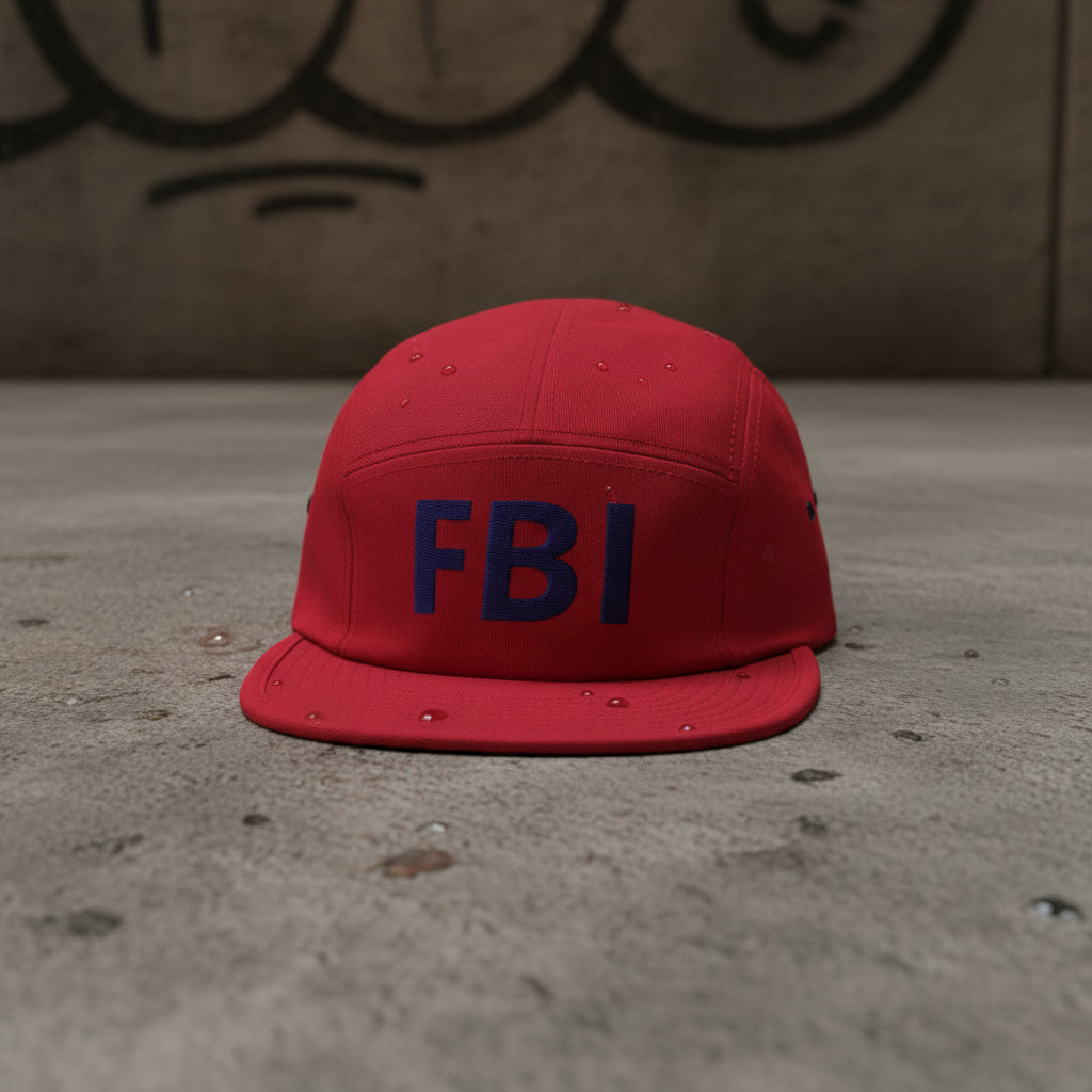 Red Fashion Beyond Identity (FBI) five-panel cap from Urban Fashion & Streetwear, showing the front and side view.