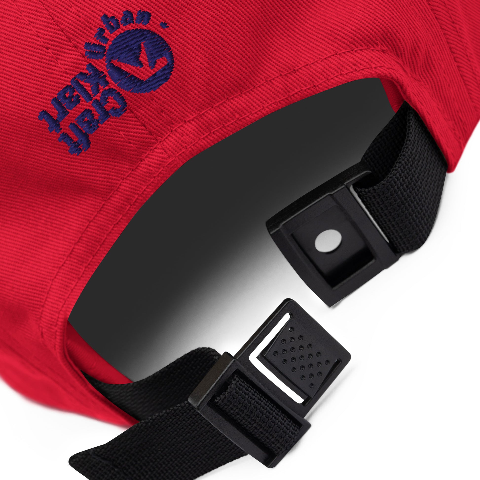 Red Fashion Beyond Identity FBI five-panel cap with adjustable strap, urban streetwear style, featuring bold design details.