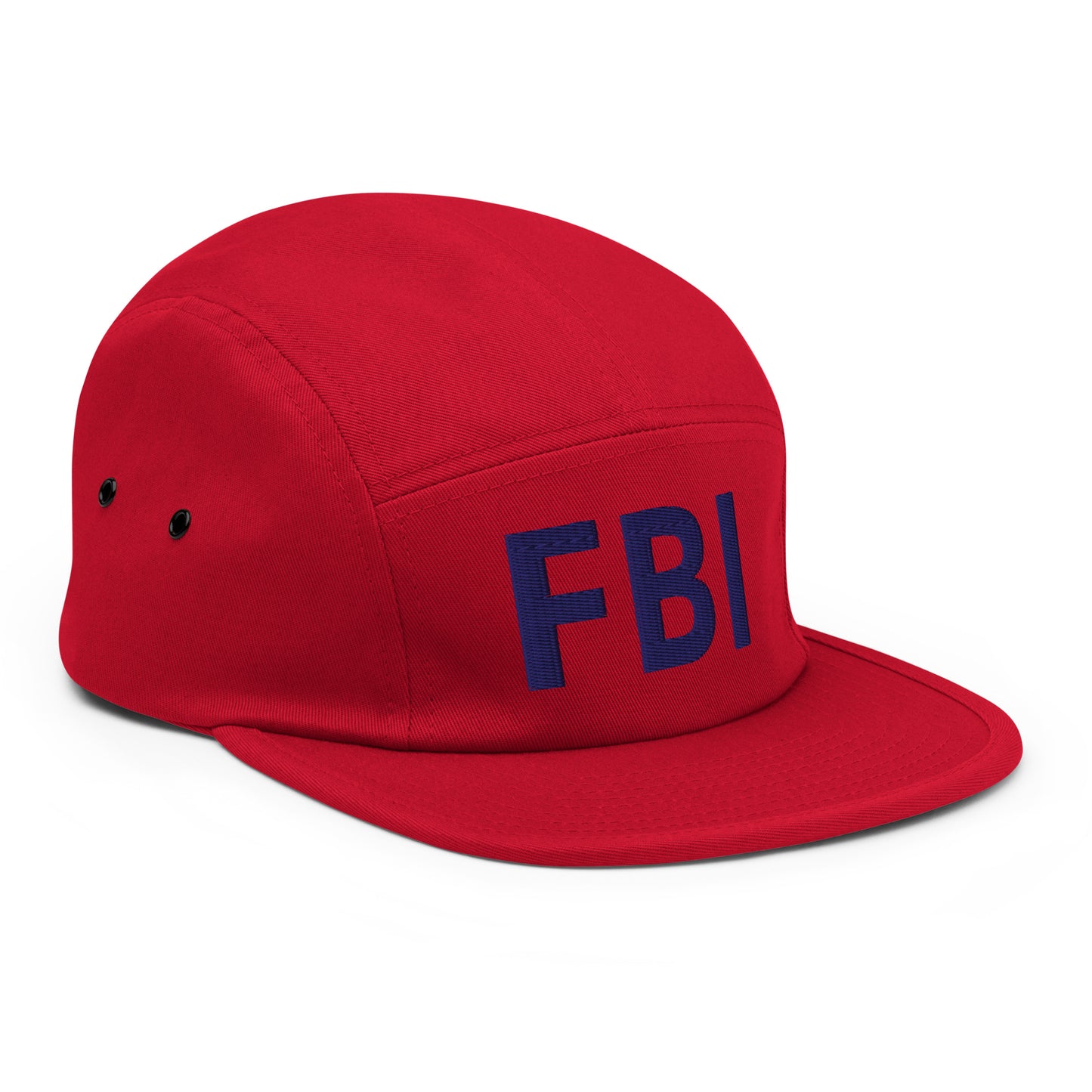 Red Fashion Beyond Identity (FBI) five-panel cap from Urban Fashion & Streetwear, shown from the right front angle.