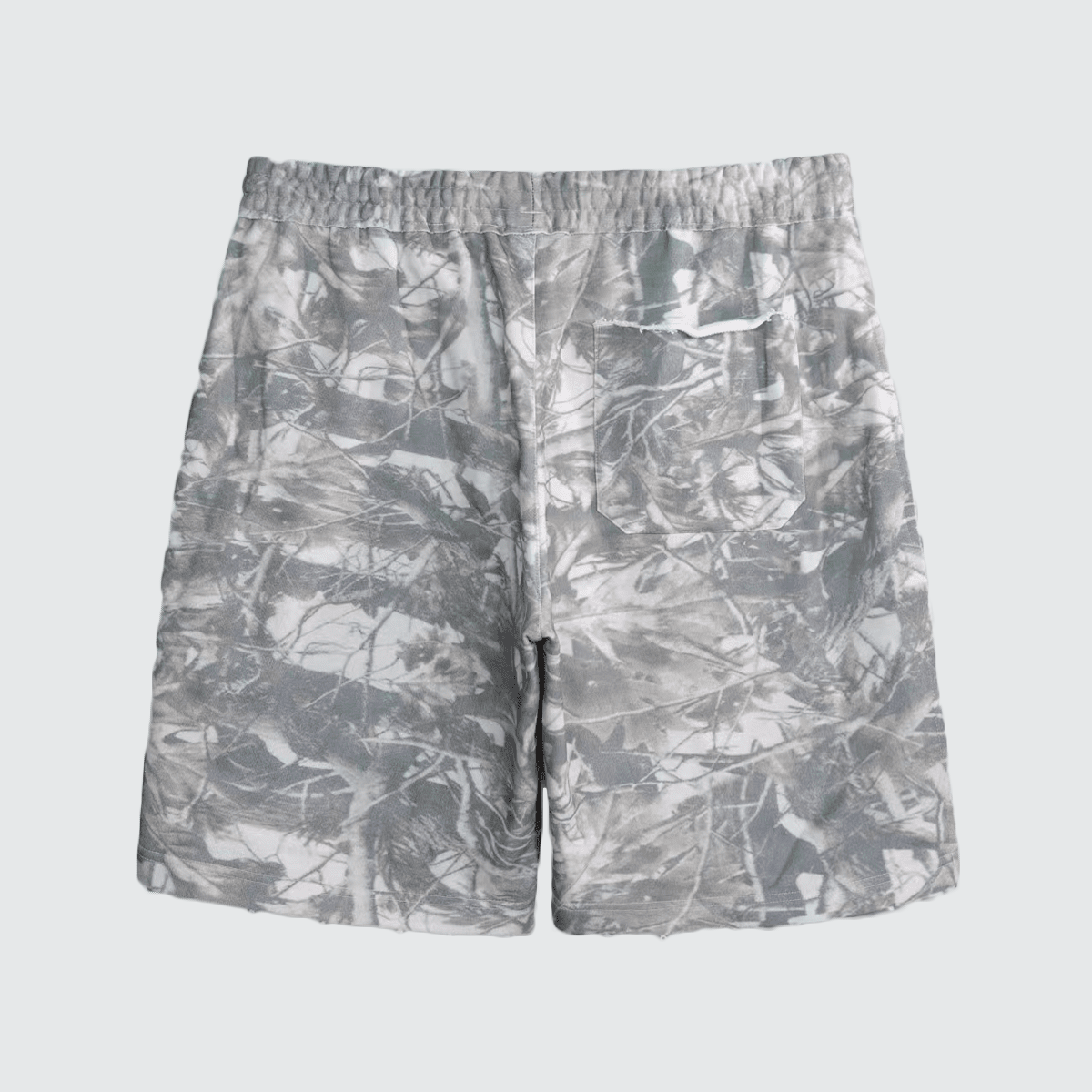 French Terry camo shorts with 400GSM fabric, urban streetwear style, featuring a camouflage pattern and casual fit.