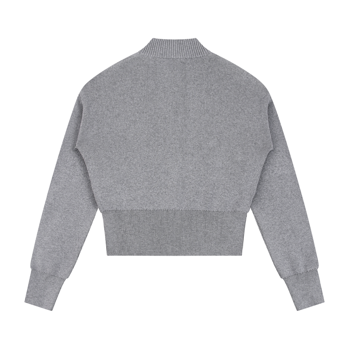 ODMPOD Stillform Mock Neck Zip Cardigan, navy blue, front view showing zip closure and ribbed collar and cuffs.