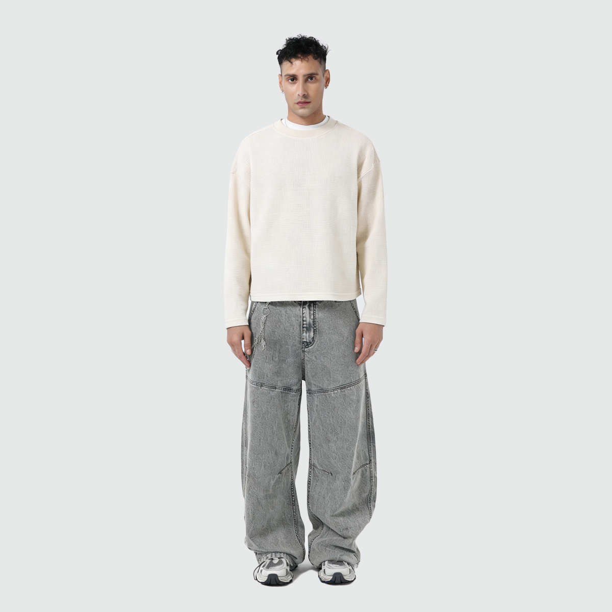 Unisex Heavyweight 290GSM 100% Cotton Waffle Knit Cropped Long Sleeve T-Shirt