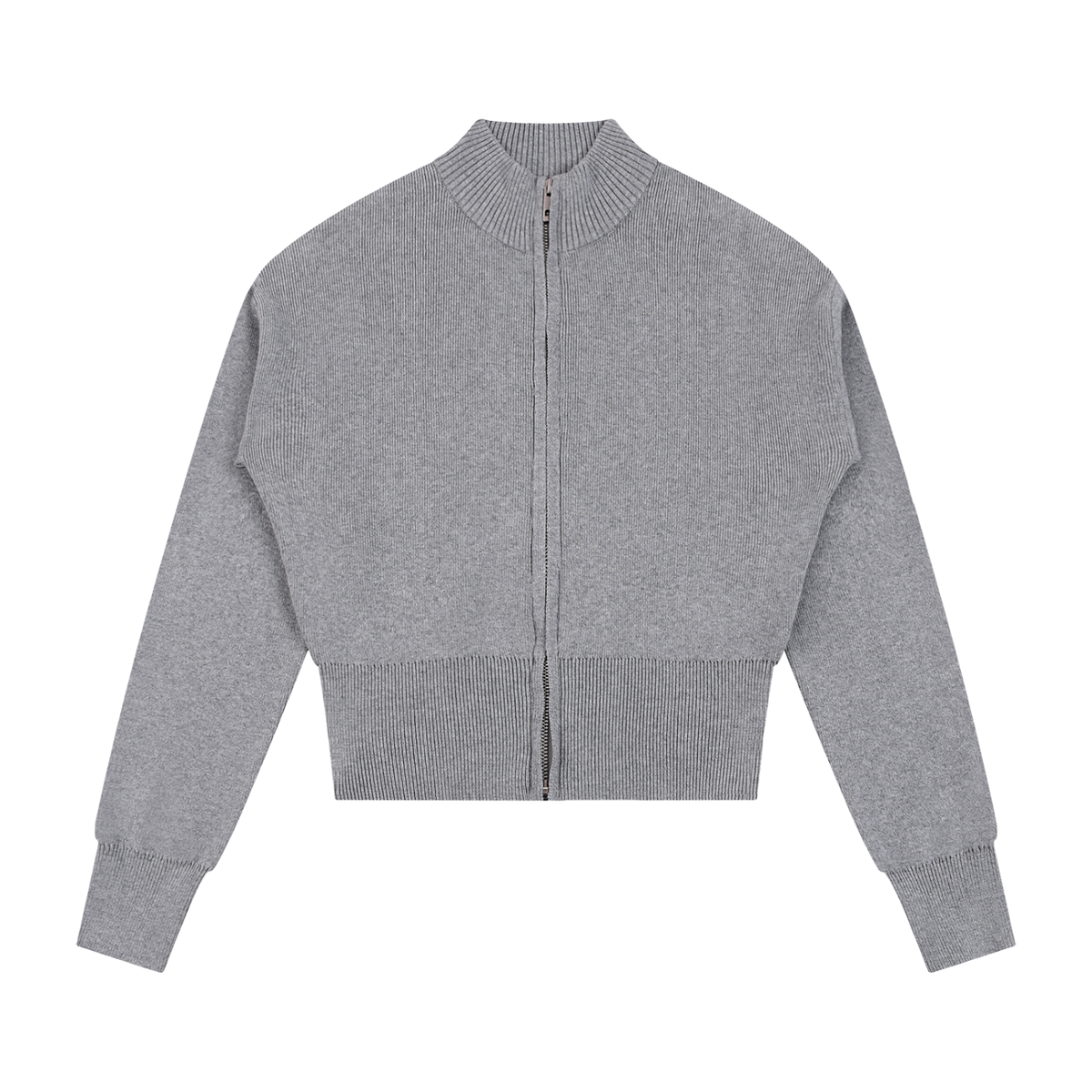 ODMPOD Stillform Mock Neck Zip Cardigan, black knit cardigan with front zipper and ribbed cuffs, stylish and cozy for layered looks.