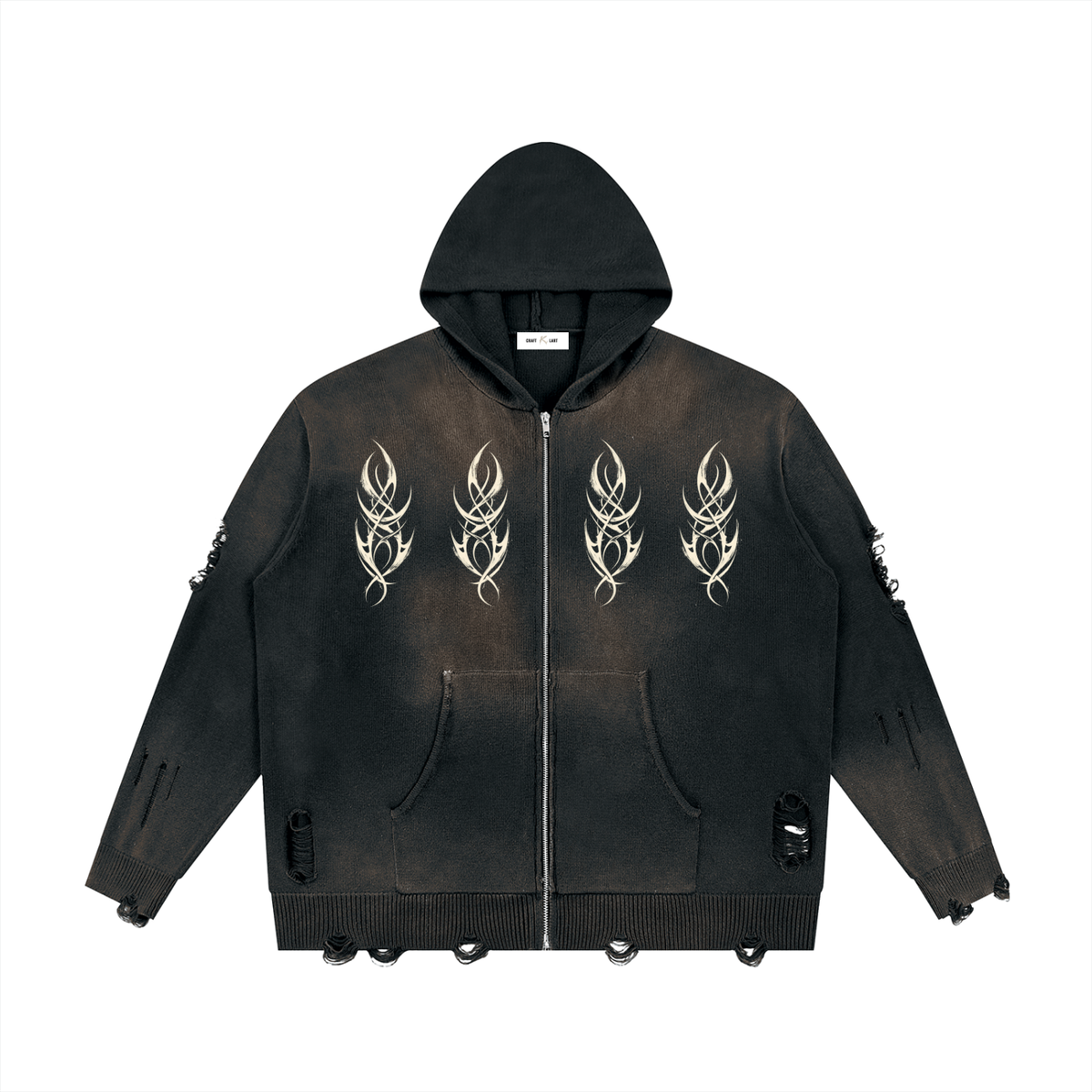Unseen Distressed Full Zip Sweater