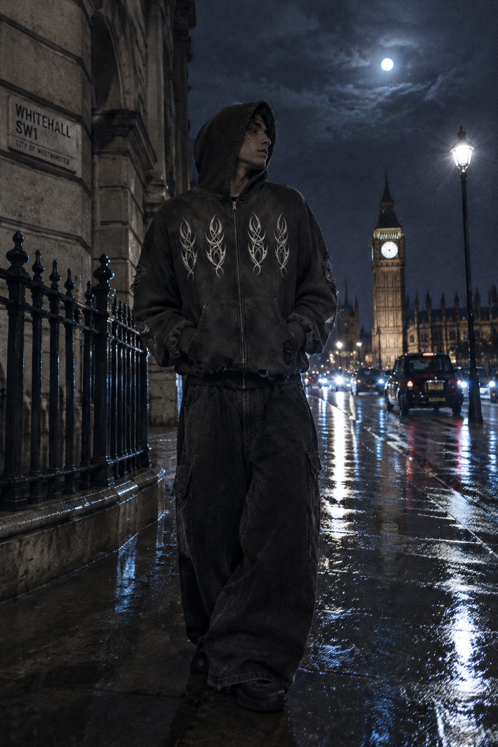 Craftklart Unseen Distressed Full-Zip Hoodie by ODMPOD featuring a worn, distressed design with a full front zipper and hood.