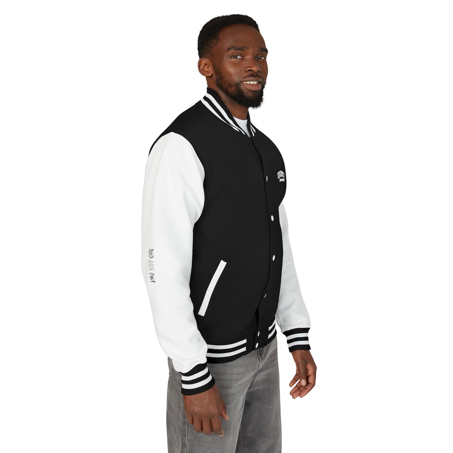 Craftklart UK underground varsity jacket by Printify featuring retro letterman style, classic streetwear look with embroidered lettering.