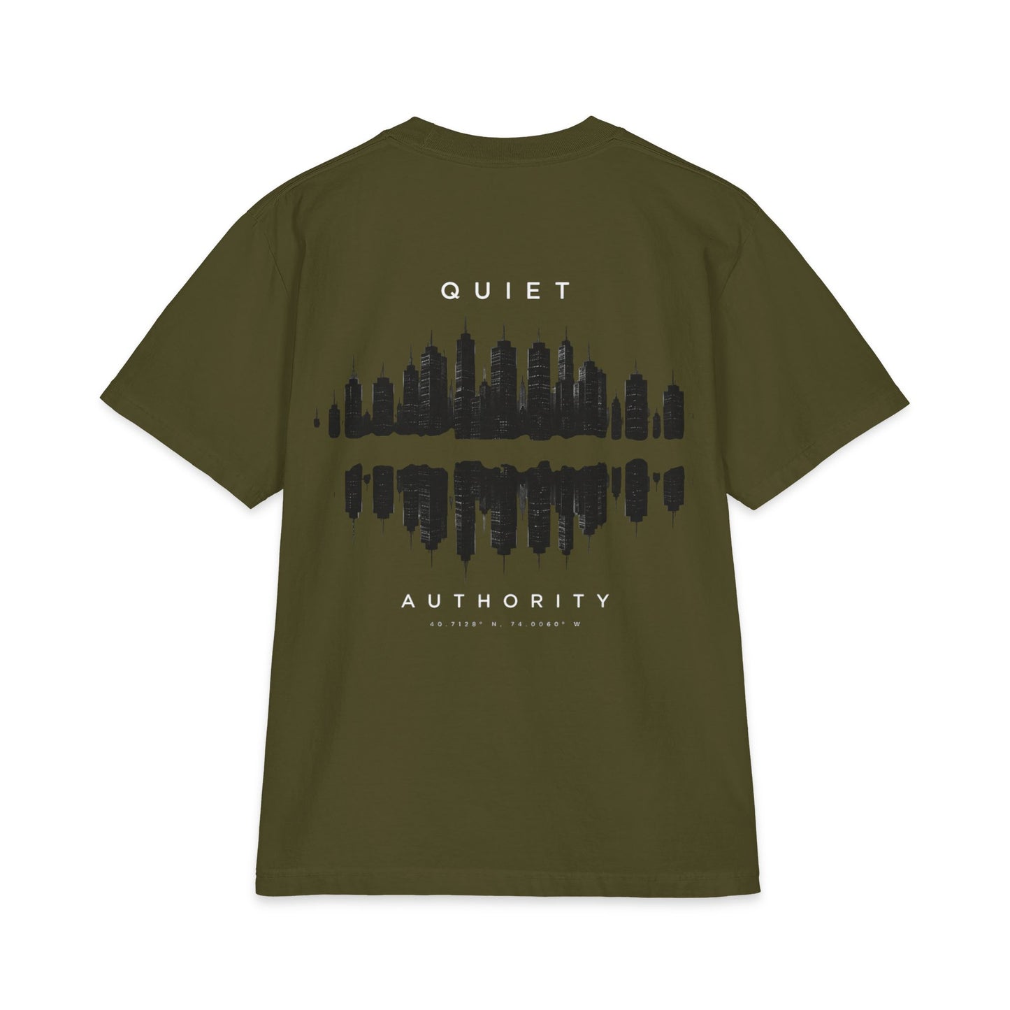 Heavyweight City Skyline graphic T-shirt by Printify featuring an urban cityscape design on soft cotton fabric.