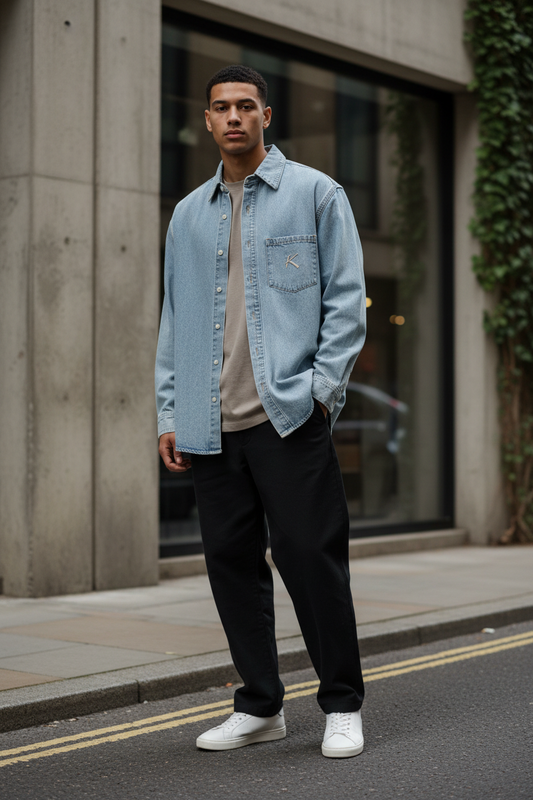 Unisex vintage wash denim shirt by ODMPOD showing classic collar, button-up front, and chest pockets on a plain background.