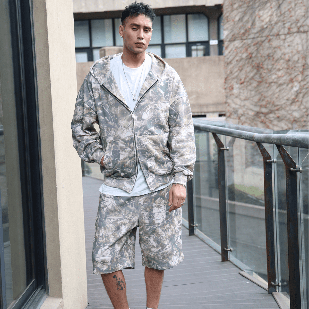 French Terry Camo Shorts by Urban Fashion & Streetwear, 400GSM, showing green and beige camo pattern and relaxed fit.