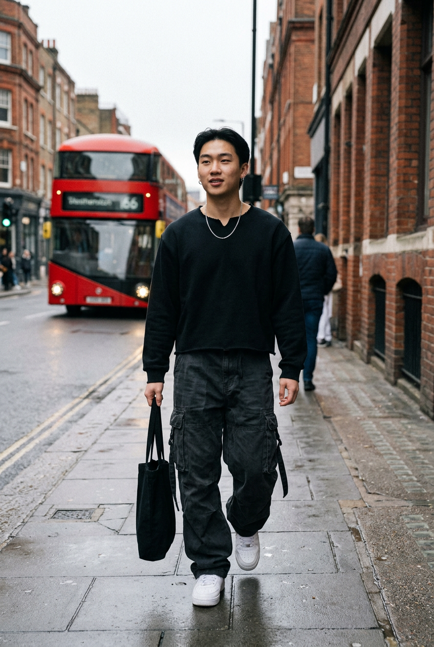 ODMPOD Faultline Boxy Sweatshirt in neutral color, featuring a relaxed fit and minimalist design, displayed on a hanger.