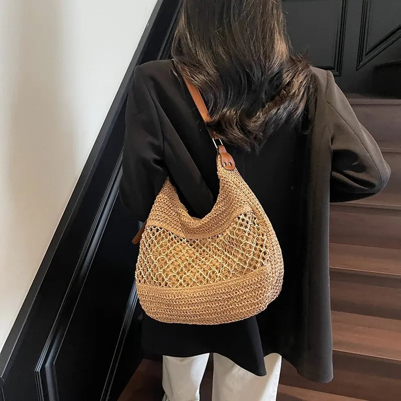 Woven Straw Crescent Shoulder Bag - Premium Bag from Trendsi - Just $23.90! Shop now at Craftklart.store