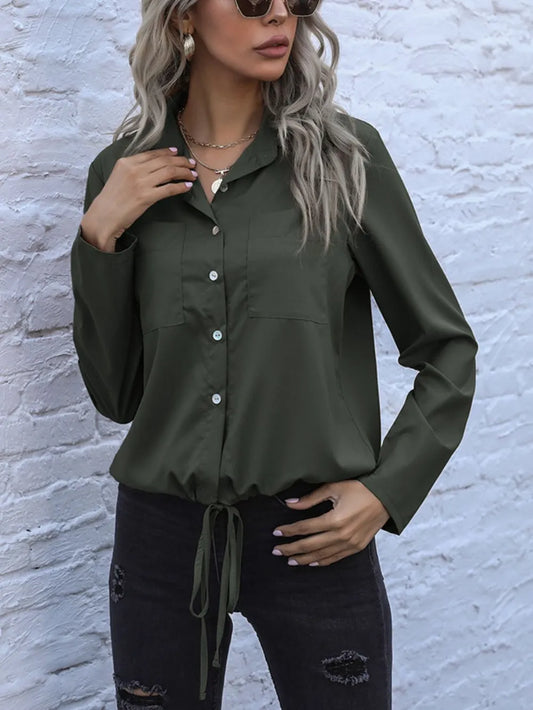 Perfee Tied Hem Button Down Long Sleeve Shirt - Premium Shirt from Trendsi - Just $20.05! Shop now at Craftklart.store