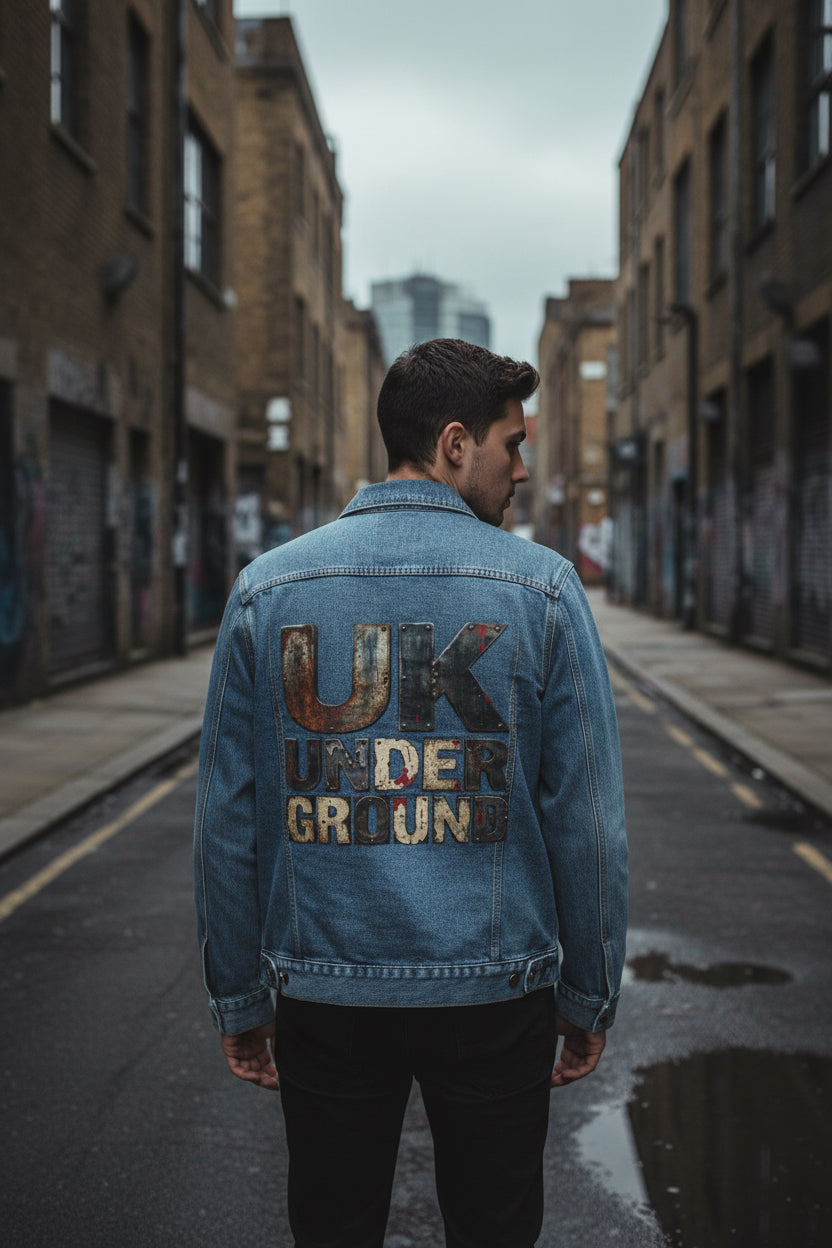 Vintage Urban Fashion & Streetwear UK Underground Denim Jacket with graphic design, casual outerwear for a stylish look.