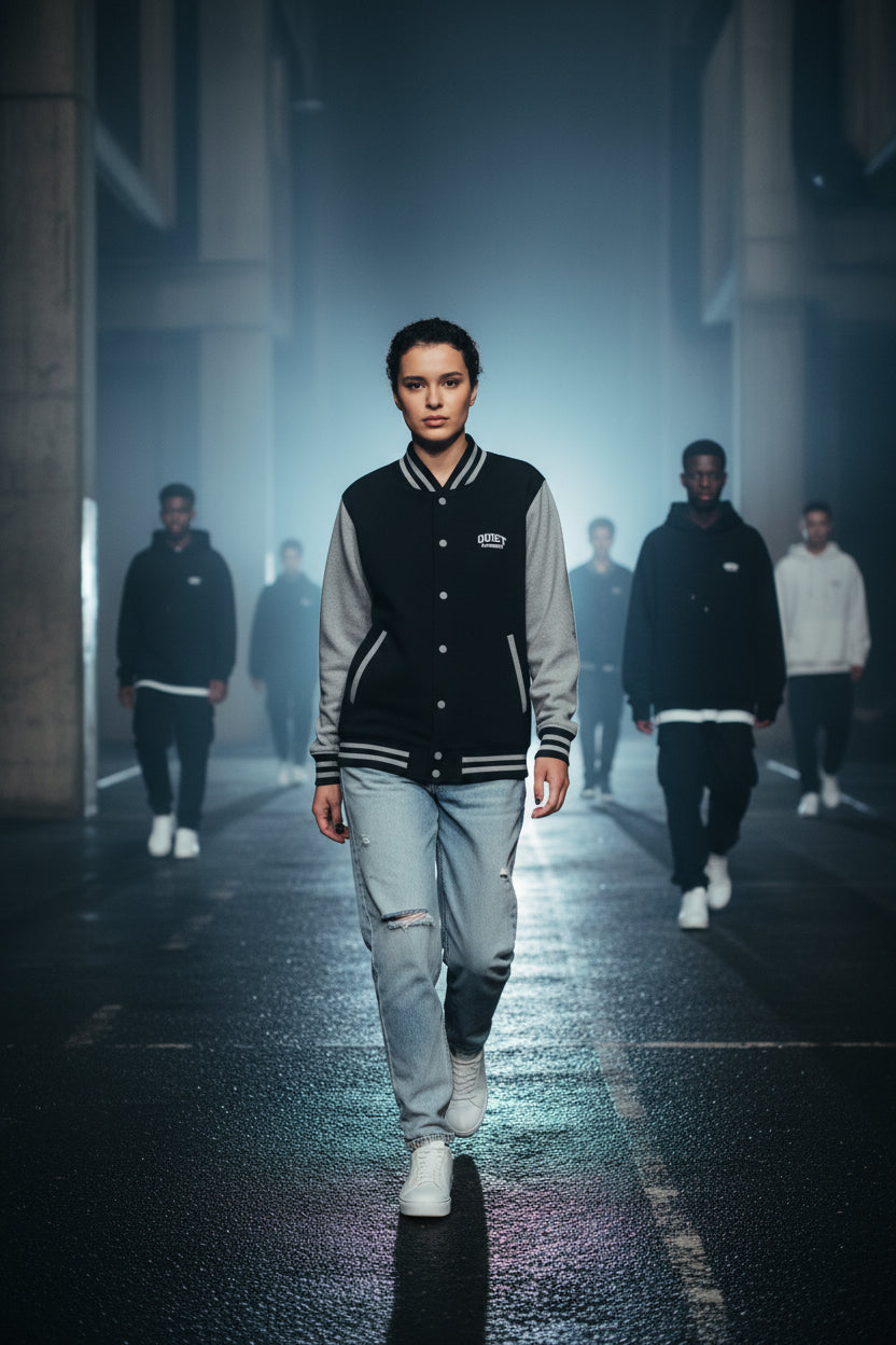 Craftklart UK Underground varsity jacket with retro letterman style, streetwear design, featuring bold lettering and classic jacket details.