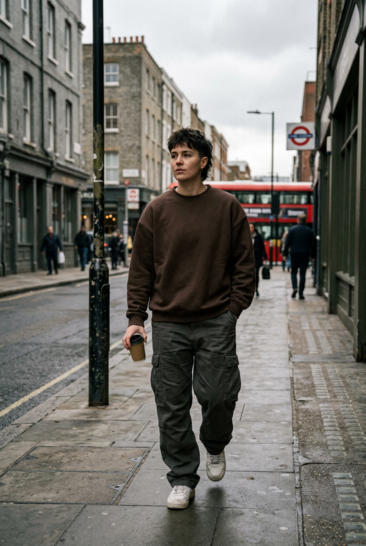 ODMPOD Stillform Heavyweight Crewneck sweater in neutral color, showcasing its soft, thick fabric and classic fit.