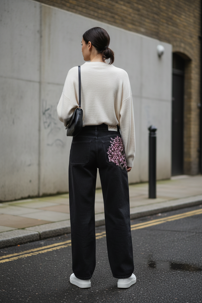High-Waisted Straight Leg Embroidered Jeans