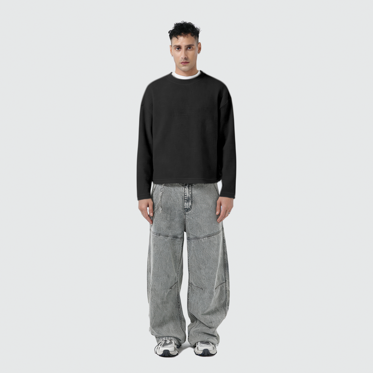 Unisex Heavyweight 290GSM 100% Cotton Waffle Knit Cropped Long Sleeve T-Shirt