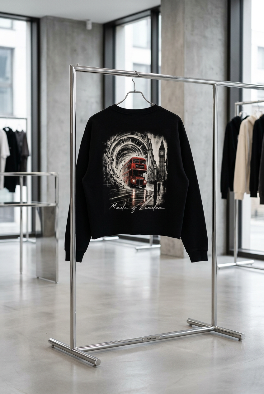 ODMPOD Faultline Boxy Sweatshirt in neutral color, featuring a relaxed fit and minimalist design, displayed on a hanger.