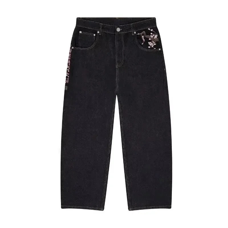 High-Waisted Straight Leg Embroidered Jeans