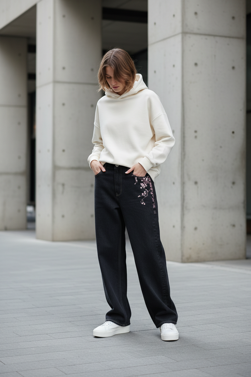 High-Waisted Straight Leg Embroidered Jeans