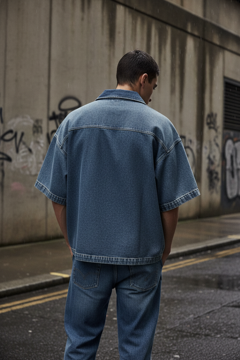 Unisex Vintage Wash Boxy Quarter-Zip Denim Shirt