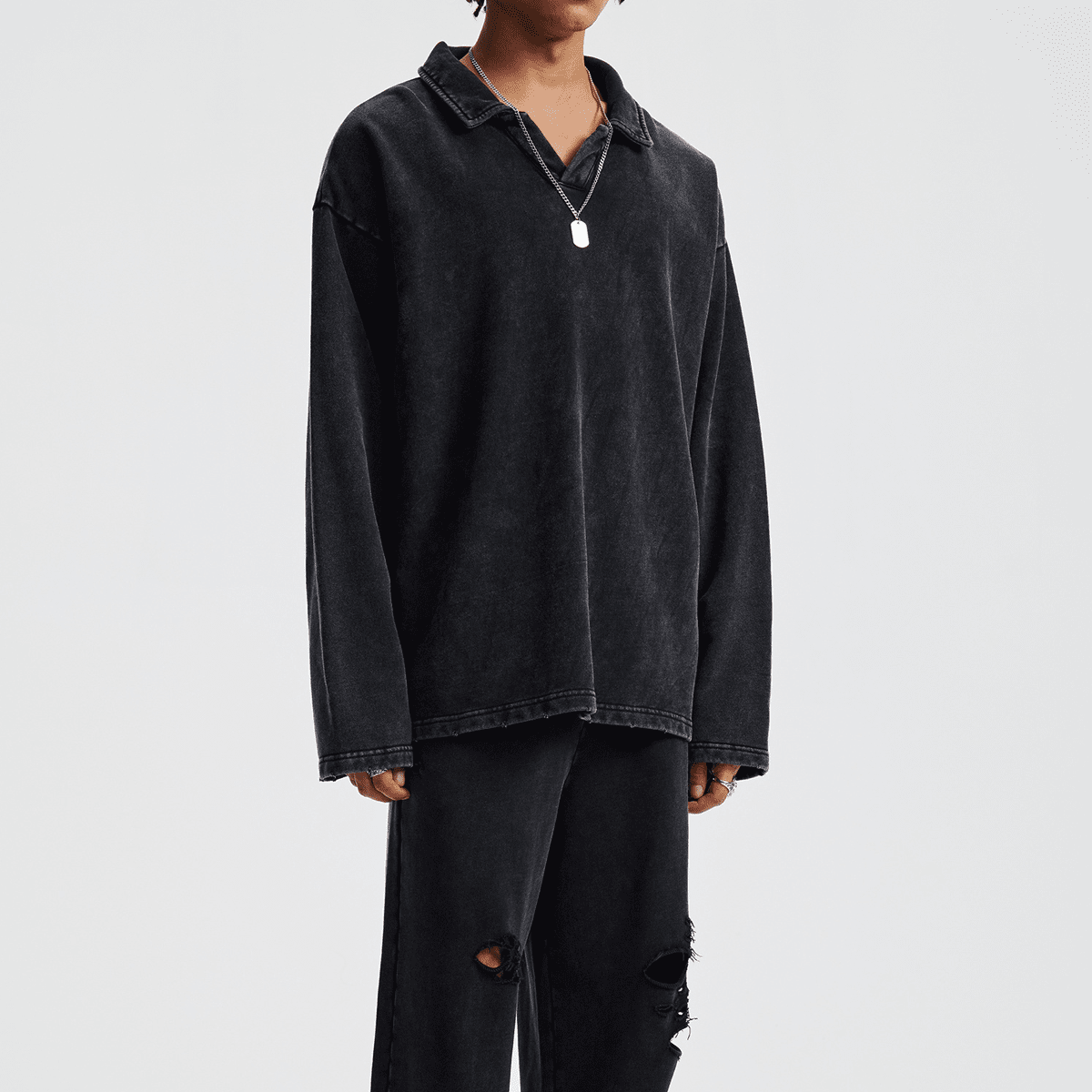 Oversized heavyweight long-sleeve shirt with a collar from Urban Fashion & Streetwear by Craftklart, shown in black fabric.
