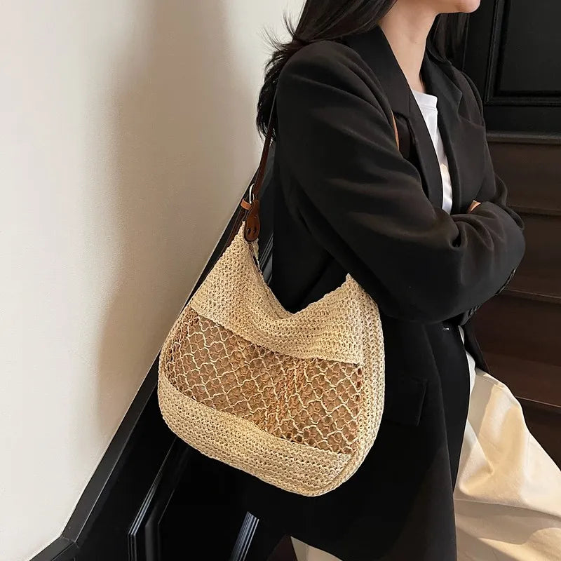 Woven Straw Crescent Shoulder Bag - Premium Bag from Trendsi - Just $23.90! Shop now at Craftklart.store