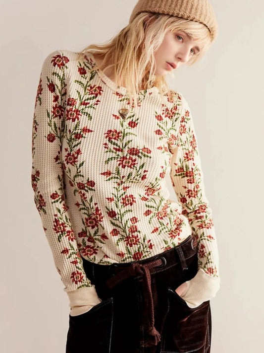 Floral Print Waffle Knit Top - Premium Jumper from Trendsi - Just $24.68! Shop now at Craftklart.store