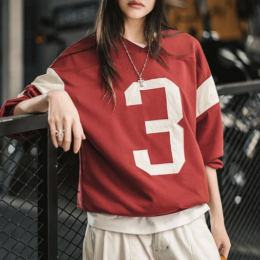 Women's Vintage Baseball V-Neck Sweatshirt – Colour-Block Loose Pullover Top | Red - Craftklart.store