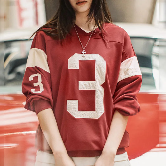 Women's Vintage Baseball V-Neck Sweatshirt – Colour-Block Loose Pullover Top | Red - Craftklart.store