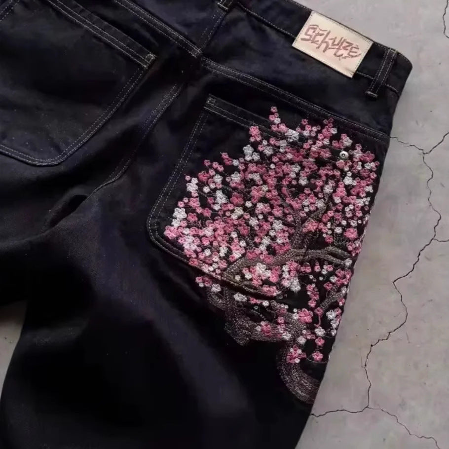 High-Waisted Straight Leg Embroidered Jeans