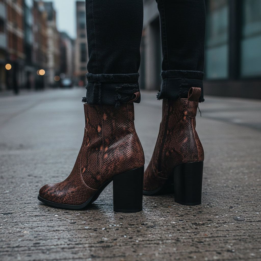 Large Size Short Boots British Style Martin Boots Thick With High Heel Pointed And Naked Boots Snakeskin Pattern