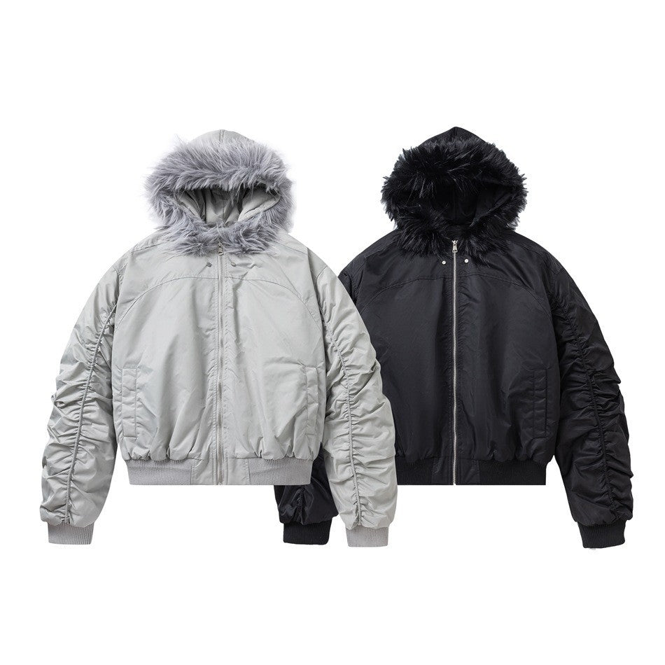 Winter Warm Hooded Flight Jacket with Fur Collar Unisex Cotton Coat