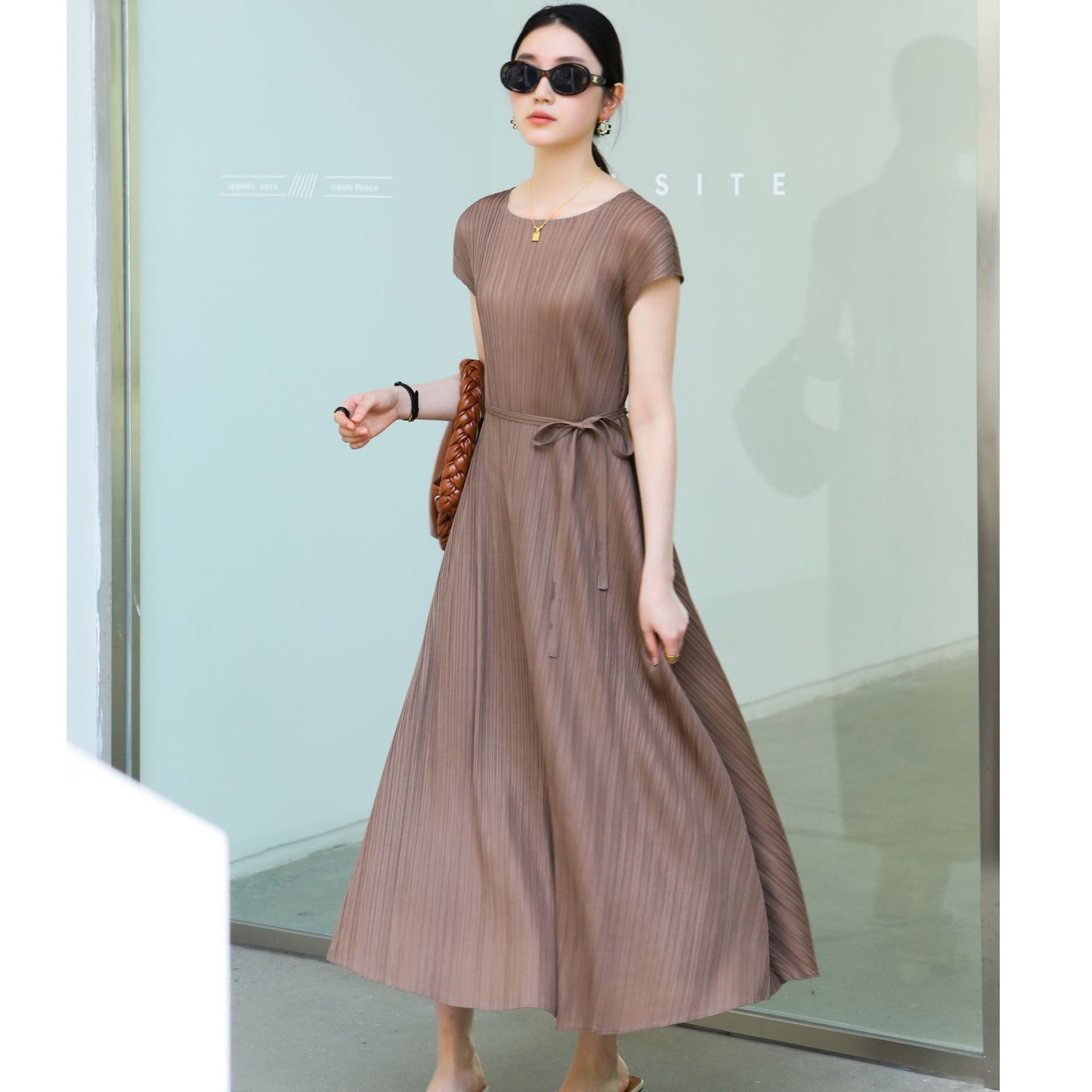 Pleated Urban Lady's Charming Commute Slimming Belted Dress