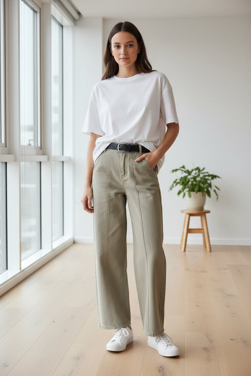 High Waist Wide Leg Split Design Denim Pants with Belt for Women Relaxed Fit Slimming Casual Trousers