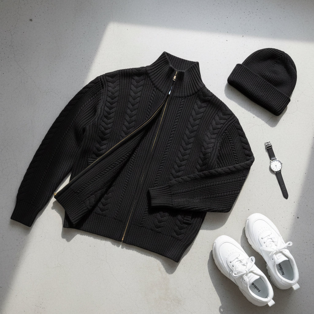 Cable Knit Stand Collar Zip Cardigan — Craftklart