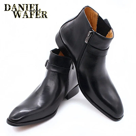 Genuine Leather Luxury Men's  Buckle Strap Zipper Ankle Boots - Premium Boots from Craftklart Dropship - Just $78! Shop now at Craftklart.store