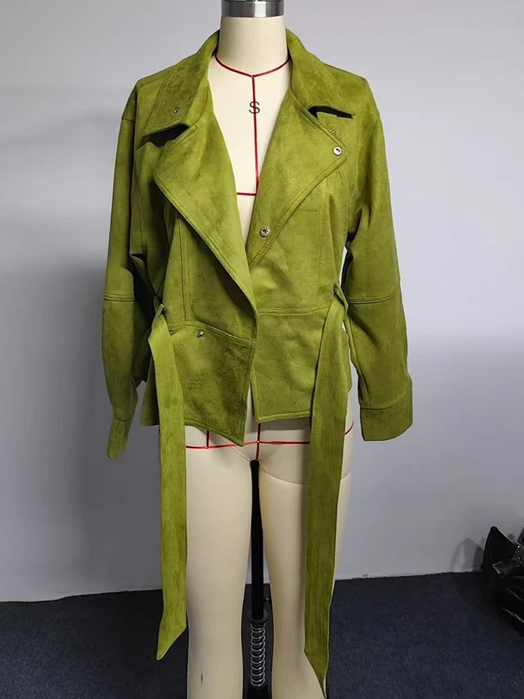 Craftklart oversized belted puff sleeve jacket for women, stylish streetwear coat with puffed sleeves and a relaxed fit.