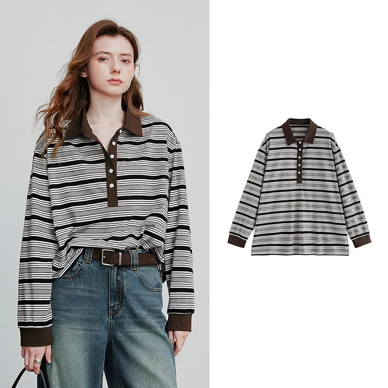 Striped Turn Down Collar Contrasting Casual Pullover Tops