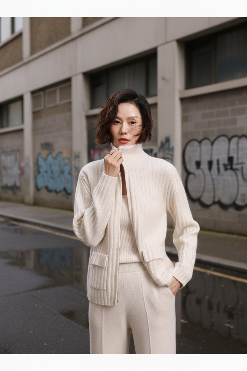 Women’s oversized cashmere zip cardigan by Craftklart, heavyweight knit coat with a relaxed fit and cozy design, shown on a model.