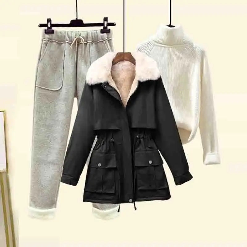 Vintage Parka High Neck Knitted Sweater Flocked Trousers Set - Premium Set from Craftklart.store - Just $18.46! Shop now at Craftklart.store